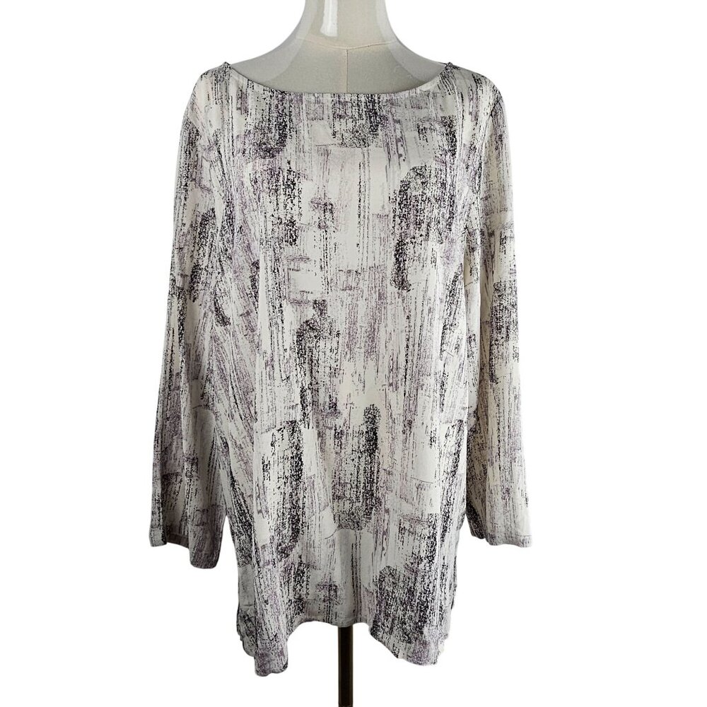 Eileen Fisher Size XL Abstract Long Sleeve Tunic Top Ivory Purple Black Comfy